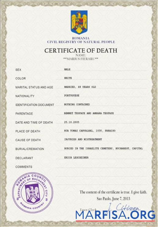 Downloadable Romania death certificate PSD template